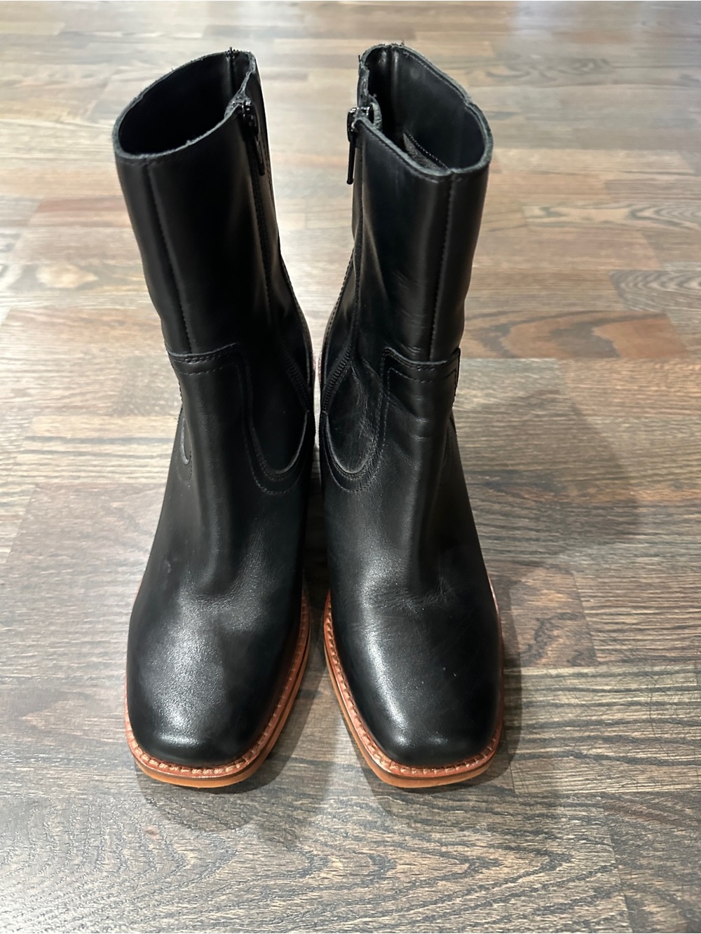 Seychelles Black Leather Zip-Up Mid-Calf Boots with Tan Welt 7.5